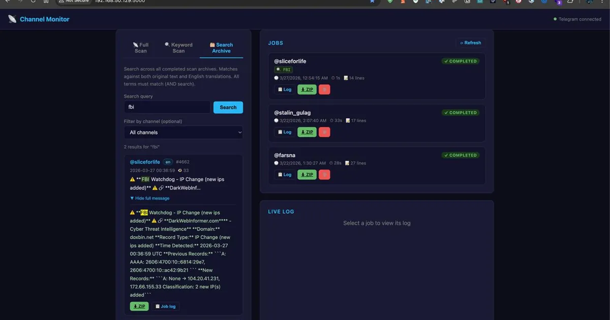Telegram Channel Monitor Gets Keyword Scanning and Archive Search
